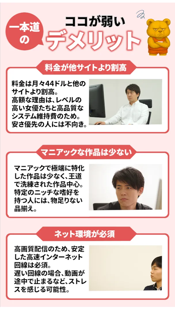 一本道のデメリットを解説するイラスト。「料金が他サイトより割高」「マニアックな作品は少ない」「ネット環境が必須」という3つの項目が紹介されているデザイン。