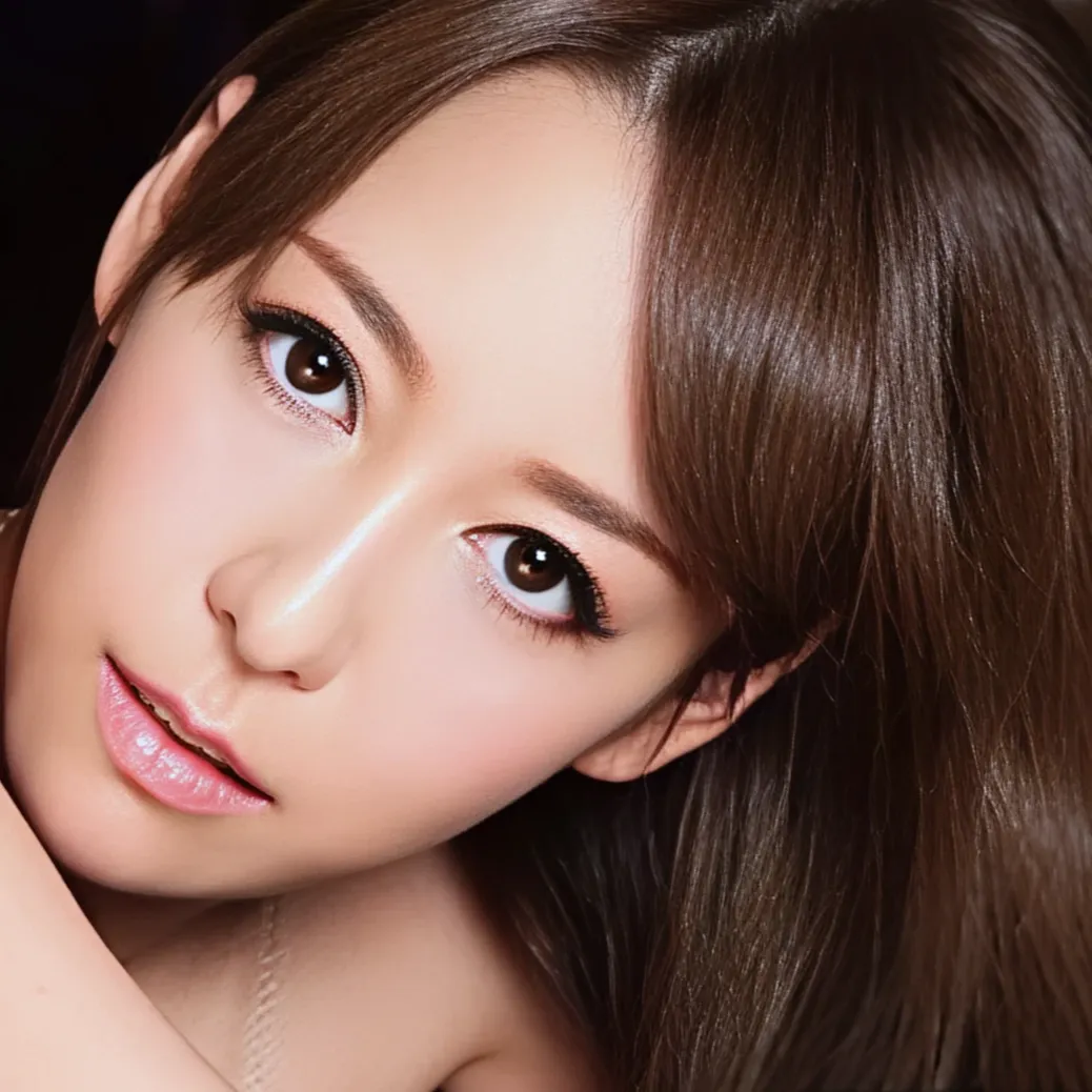 茶色いロングヘアーの女性、朝桐光さんが、少し首を傾けて、こちらをじっと見つめているクローズアップ。