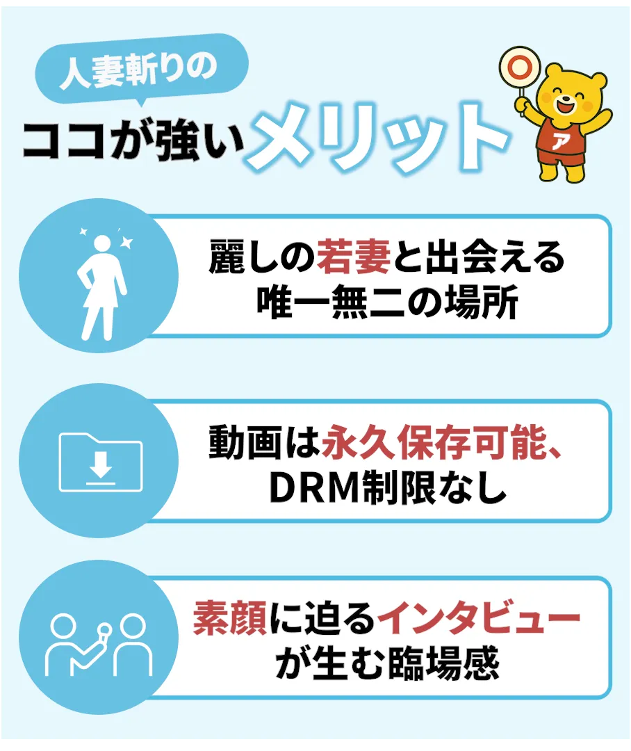 人妻斬りのメリットを紹介するイラスト。「麗しの若妻と出会える唯一無二の場所」「動画は永久保存可能、DRM制限なし」「素顔に迫るインタビューが生む臨場感」という3つの強みがアイコン付きで解説されているデザイン。
