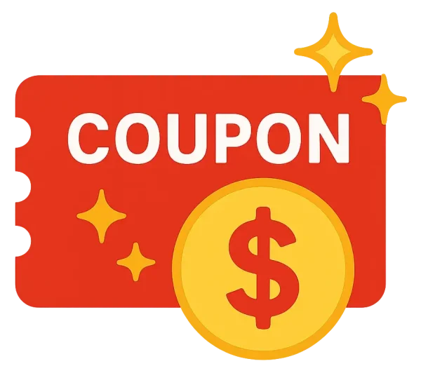 「COUPON」と書かれた赤いチケットと、ドルマークのコインが描かれたアイコン。割引やお得な情報を意味します。
