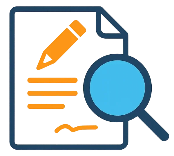 書類、鉛筆、虫眼鏡を組み合わせたアイコン。調査、レビュー、編集、事実確認などの概念を表しています。