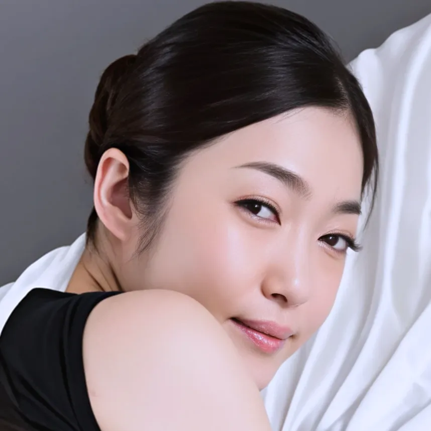 ベッドに横になりながら肩越しにこちらを振り向いて微笑む女性、江波りゅうさん