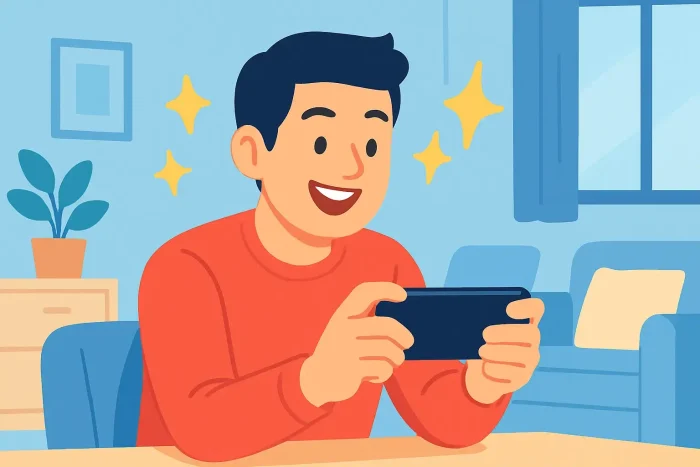 スマートフォンを両手で持ち、笑顔でビデオに熱中している男性のイラスト。彼の周りには、楽しんでいる様子を示す黄色いキラキラした星が描かれている。