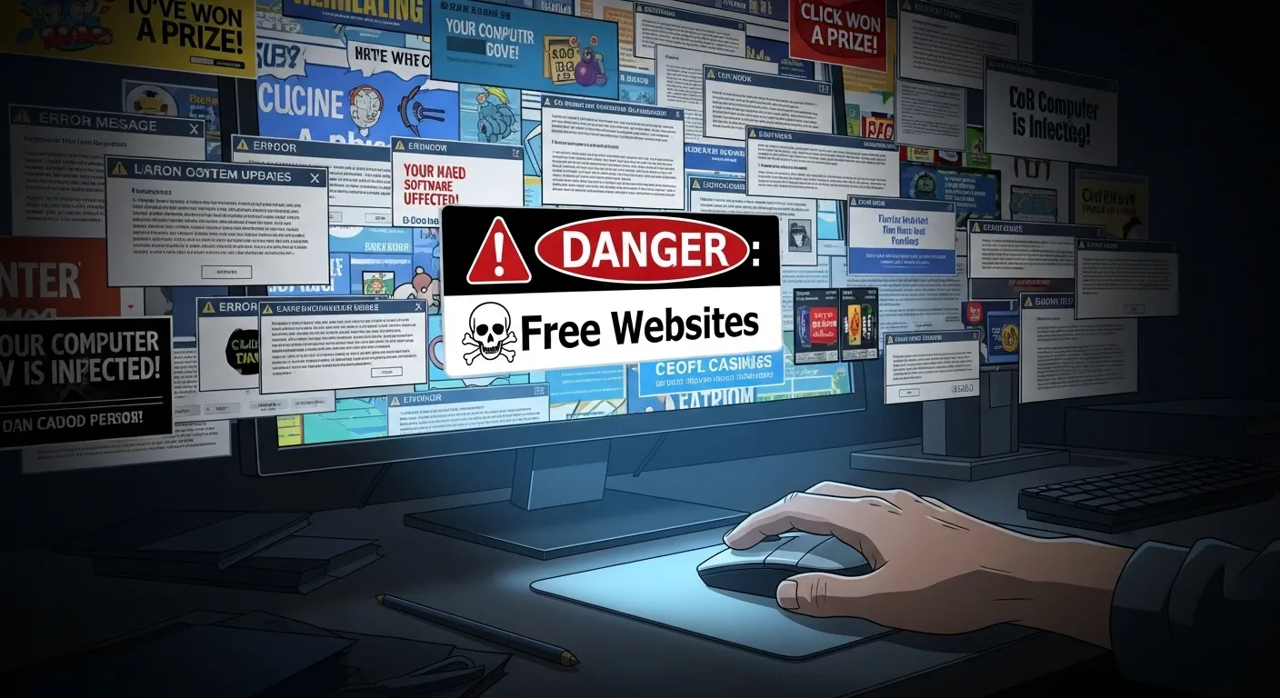 無料サイトの危険性を警告する画像。パソコンの画面がウイルス感染やエラーを通知するポップアップ広告で埋め尽くされ、中央には「DANGER Free Websites」という警告が表示されている。