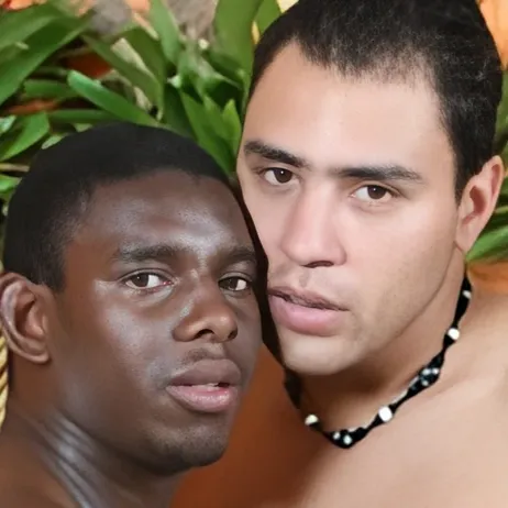 「H0230ワールド」がテーマの、顔を寄せ合う二人の男性の写真