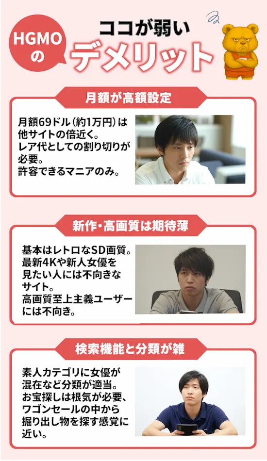 海外動画サイト「HGMO」を利用する際の注意点である「高めな月額設定」「レトロなSD画質」「使いにくい検索機能」をまとめた画像。