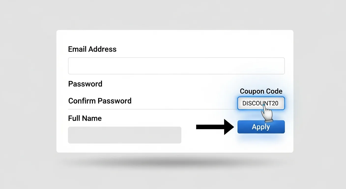 海外サイトの登録画面でクーポンコードを入力し適用ボタンを押す手順の解説画像