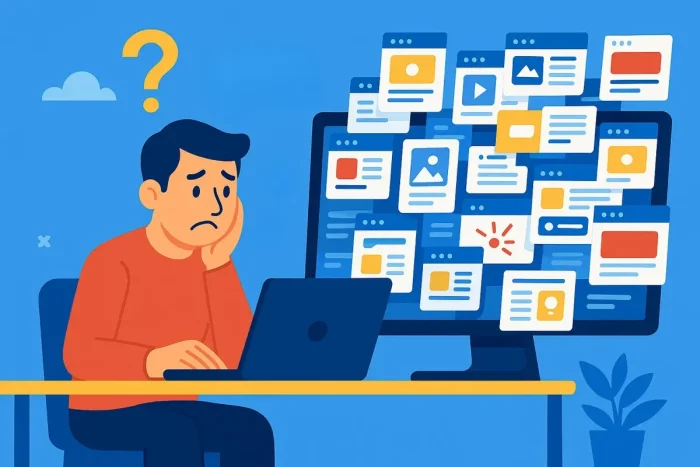 ノートパソコンと、多数のウィンドウが乱雑に表示されたモニターを前に、頬杖をついて困惑した表情を浮かべる男性のイラスト。頭の上には大きなクエスチョンマーク。