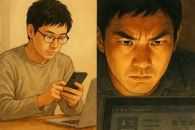 情報との向き合い方を示す2枚組のイラスト。左側ではメガネをかけた男性が冷静にスマートフォンを見ており、右側では男性がパソコンの画面を険しい表情で睨みつけて怪しいサイトではないかと検証している様子をイメージ。