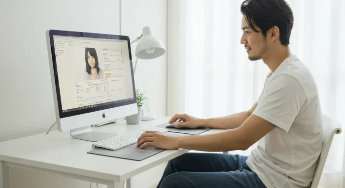 明るい部屋の白い机で、iMacを操作する白いTシャツを着た男性。パソコンの画面には女性のプロフィールが表示されている。
