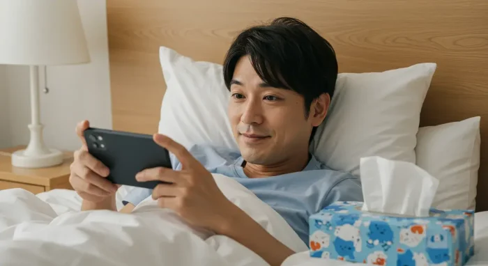 ベッドの上で、水色のTシャツを着た男性がスマートフォンを横向きに持って、笑顔で画面を見ています。枕元にはティッシュ箱が置かれています。