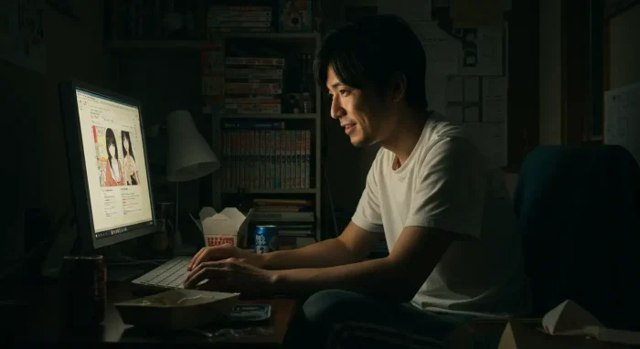 夜、暗い部屋で男性がパソコンの画面に照らされながら、微笑んでキーボードを操作しています。画面には漫画が表示されており、机の上にはインスタント麺の容器などが置かれています。