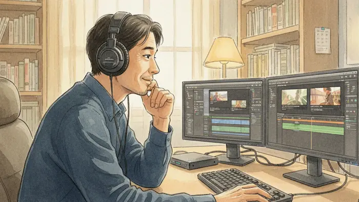 書斎でヘッドホンをつけ、複数のモニターに向かいDR(ダウンロード)した動画を編集する男性。「二次創作活動」として、自分だけの究極のまとめ動画を作成する、密かな趣味の儀式。