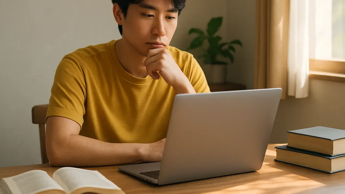 黄色いTシャツを着た男性が、机でノートパソコンの画面を真剣な表情で見つめ、顎に手を当てて考え事をしています。机の上には開かれた本が置かれています。