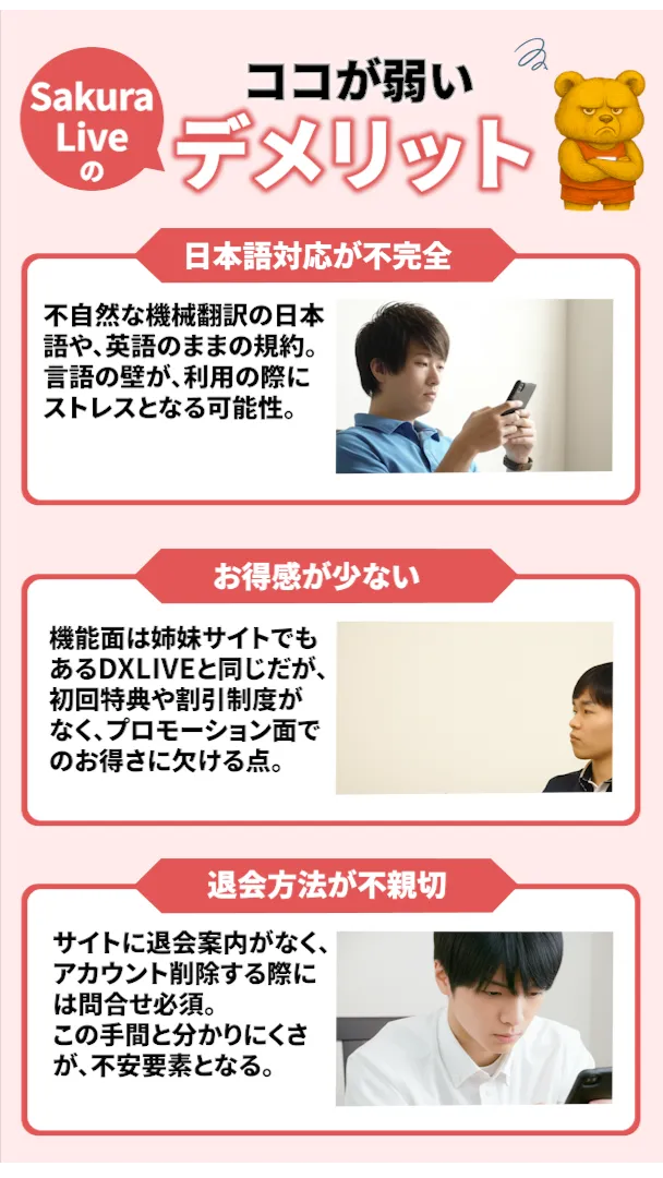 Sakura Liveのデメリットを解説するイラスト。「日本語対応が不完全」「お得感が少ない」「退会方法が不親切」という3つの項目が紹介されているデザイン。