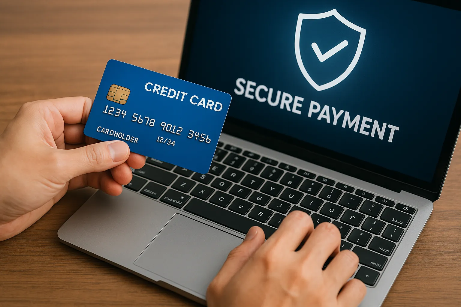 クレジットカードを片手に持ち、ノートパソコンでオンライン決済をしている様子。画面には「SECURE PAYMENT」の文字と盾のマークが表示され、安全な支払いを象徴しています。