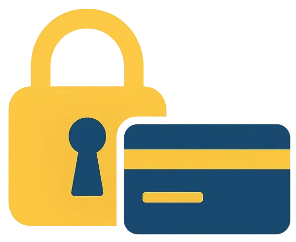 南京錠とクレジットカードを組み合わせたアイコン。安全な決済や支払い、金融セキュリティなどの概念を表しています。