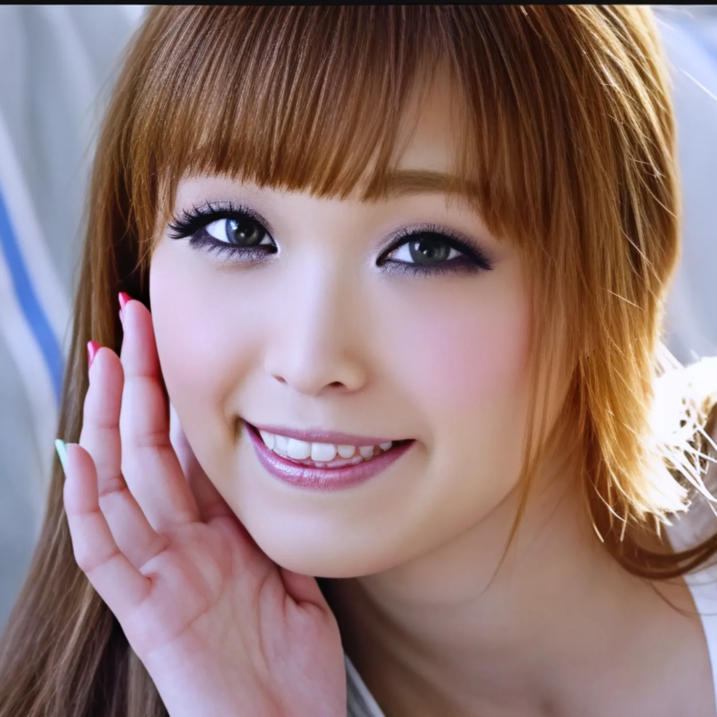 カラフルなネイルをした手で頬に触れ、満面の笑みでこちらを見ている、茶髪で前髪のある女性、椎名みくるさん。