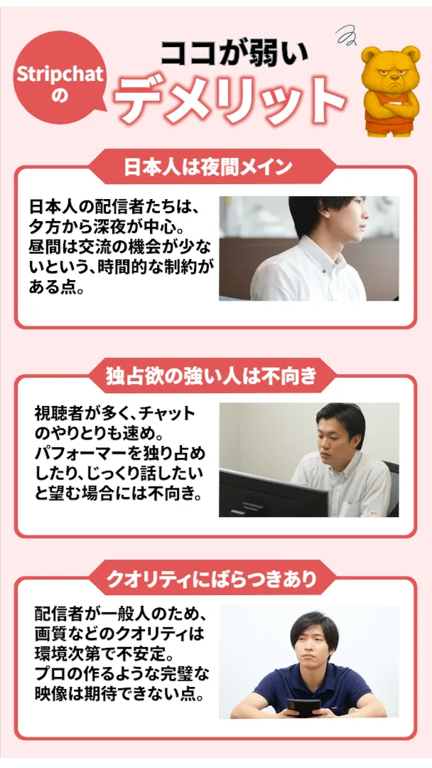 Stripchatのデメリットを解説するイラスト。「日本人は夜間メイン」「独占欲の強い人は不向き」「クオリティにばらつきあり」という3つの項目が紹介されているデザイン。