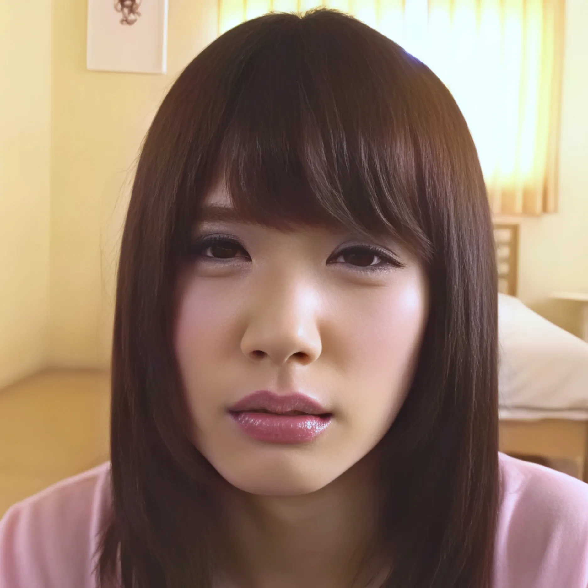 寝室でこちらをじっと見つめている、茶色いミディアムヘアーの女性、涼宮琴音さん。