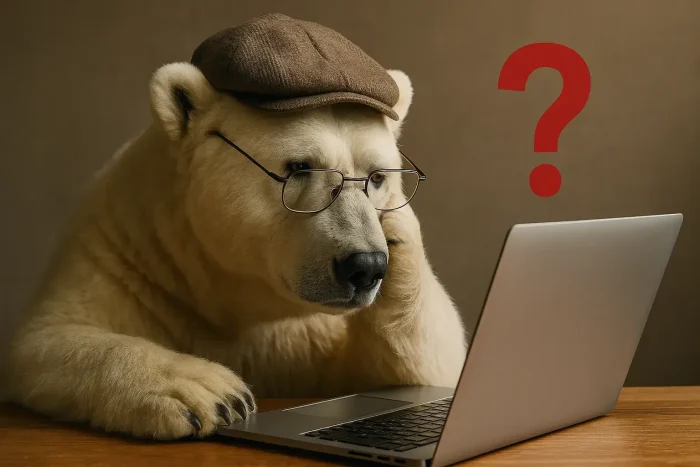 ハンチング帽とメガネをかけた白熊が、ノートパソコンを前に頬杖をついて考え込んでいます。頭の横には大きな赤いクエスチョンマークが浮かんでいます。