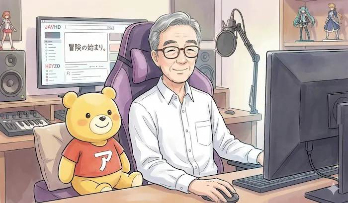 筆者である「くま」の執筆風景を描いたイラストです。25年の利用経験を持つ52歳のサラリーマンライターが、忖度なしの本音で最適なサイト選びを伝授します。